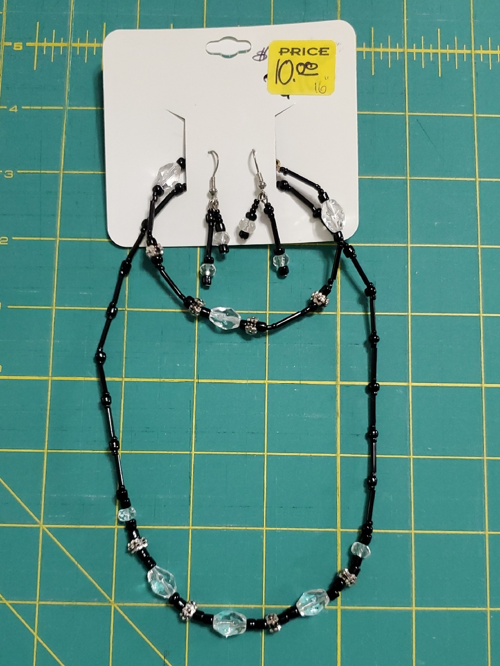 Black Beaded Necklace, Bracelet and Earring Set with Clear Accents